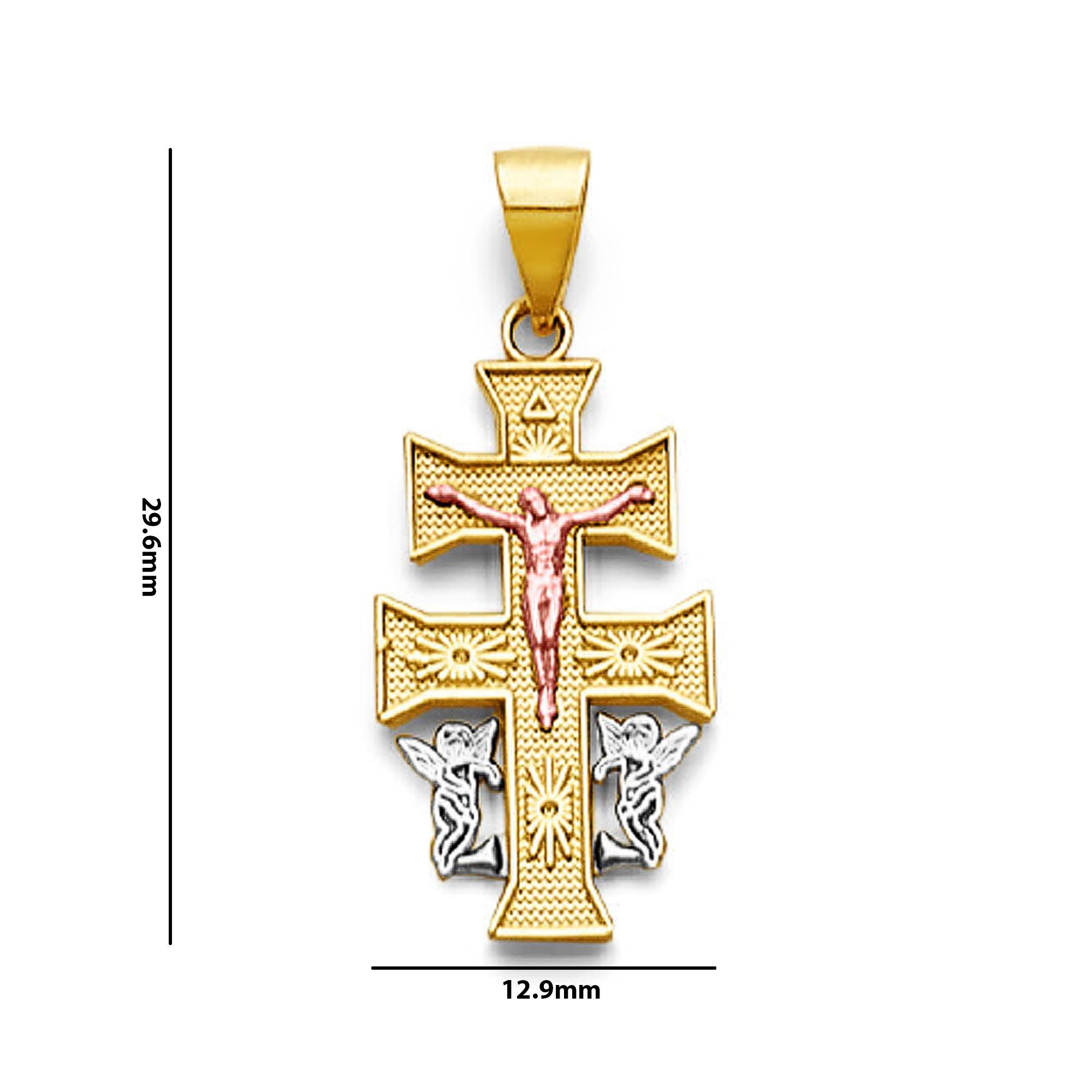 Tri Tone Gold Patriarchal Angels &amp; Crucifix Cross Pendant with Measurement