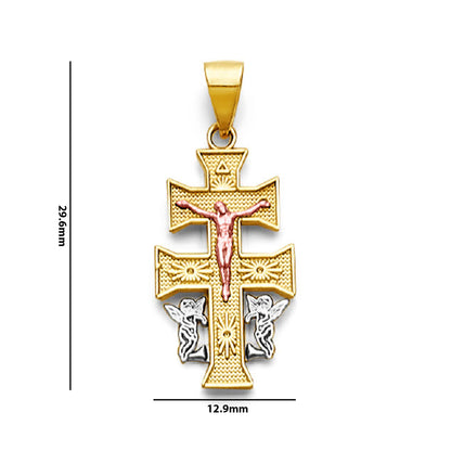 Tri Tone Gold Patriarchal Angels &amp; Crucifix Cross Pendant with Measurement