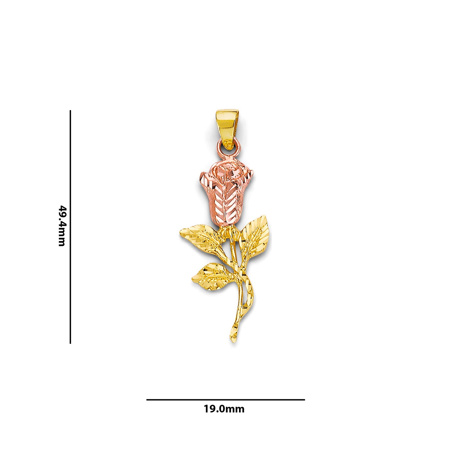 Two Tone Gold Diamond-cut Rose Petal Pendant with Measurement