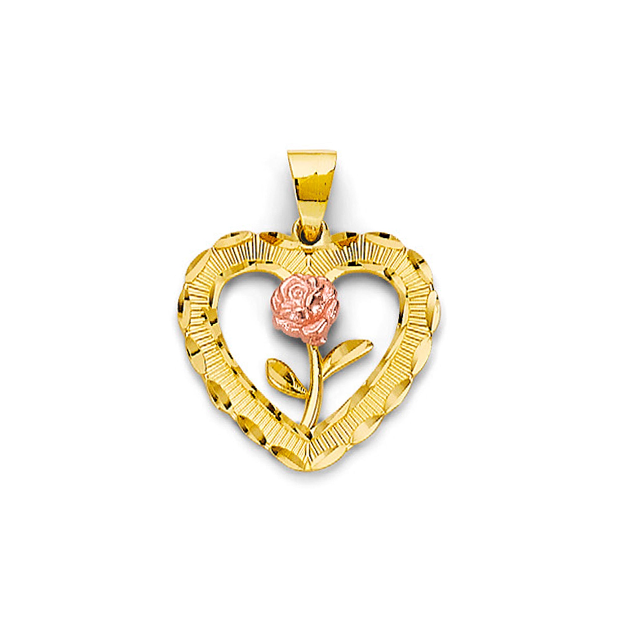 Two Tone Gold Open Heart Floral Rose Pendant
