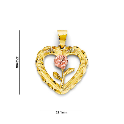 Two Tone Gold Open Heart Floral Rose Pendant with Measurement