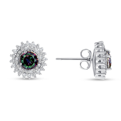 925 Sterling Silver Round Cut Mystic Topaz with Two Tier White CZ Pointed Halo Pendant &amp; Stud Earrings Jewelry Set