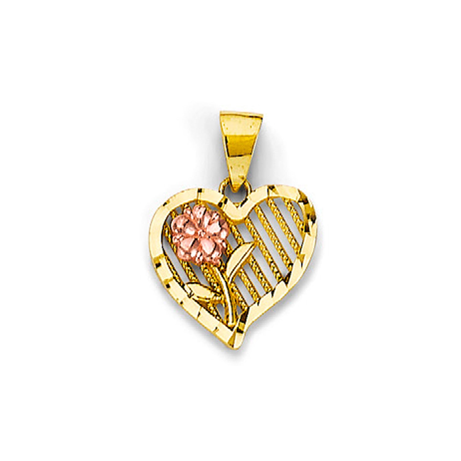 Two Tone Gold Blooming Flower Diamond-cut Open Heart Pendant 