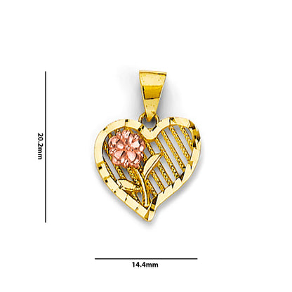 Two Tone Gold Blooming Flower Diamond-cut Open Heart Pendant  with Measurement