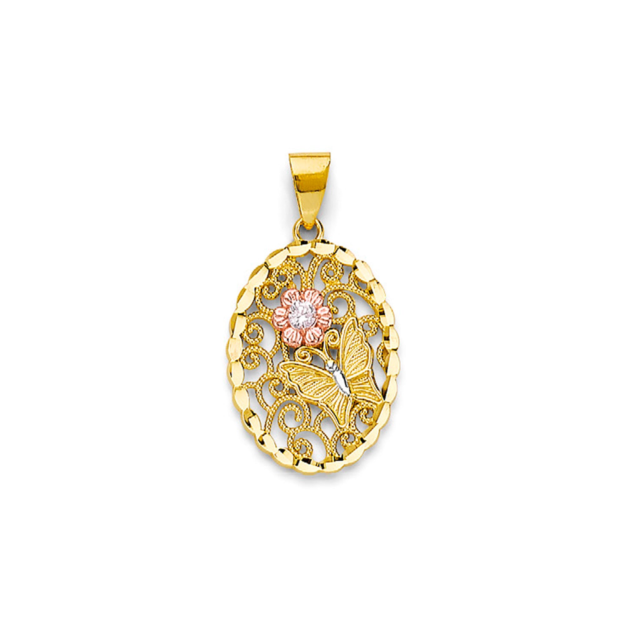 Tri Tone Gold Round CZ Floral Butterfly Motif Oval Textured Pendant