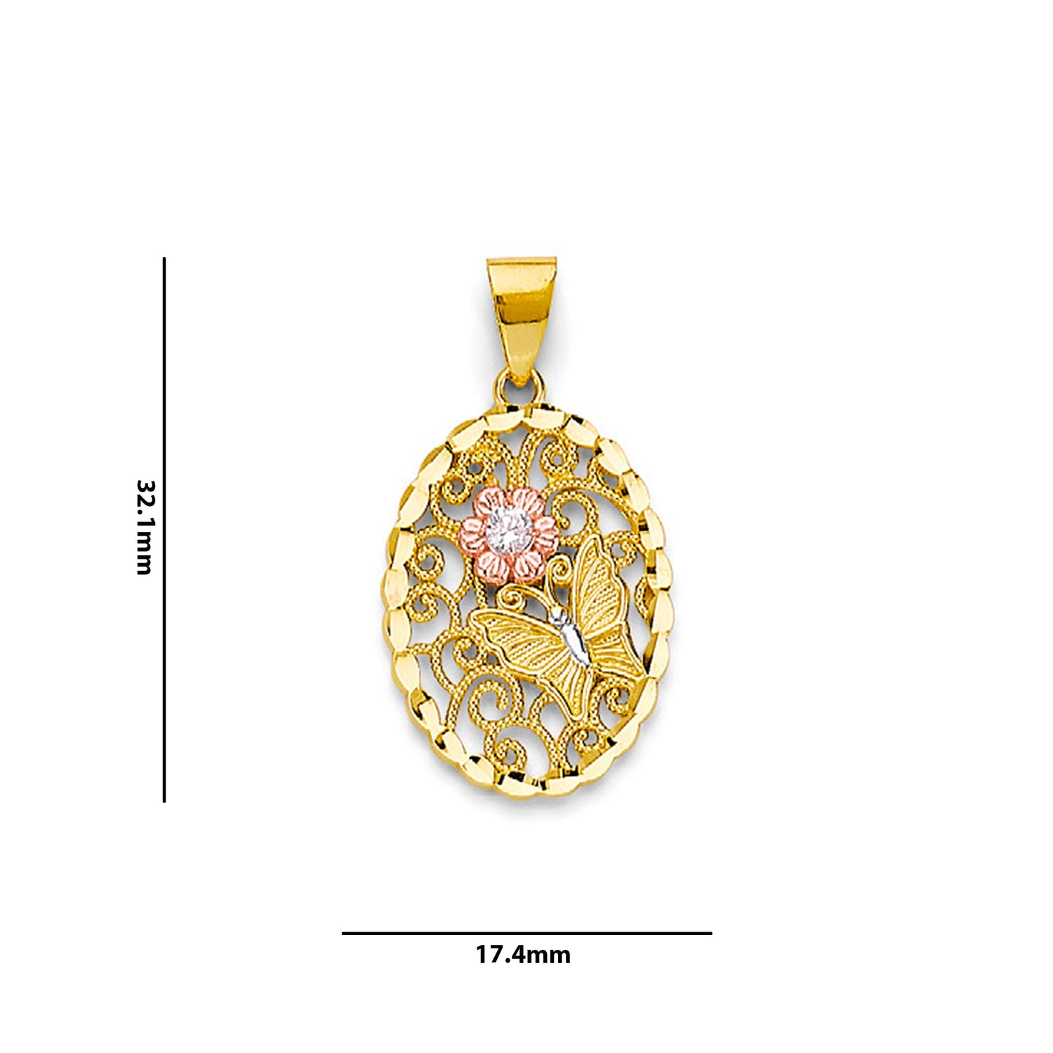Tri Tone Gold Round CZ Floral Butterfly Motif Oval Textured Pendant with Measurement