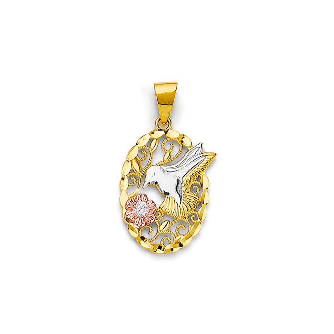 Tri Tone Gold Round CZ Floral Hummingbird Oval Filigree Pendant 