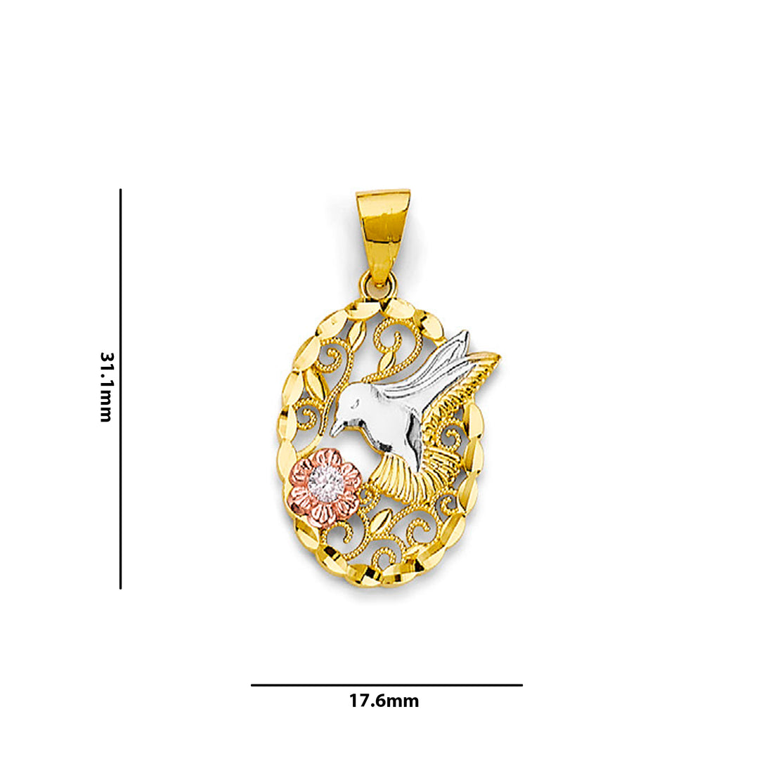 Tri Tone Gold Round CZ Floral Hummingbird Oval Filigree Pendant  with Measurement