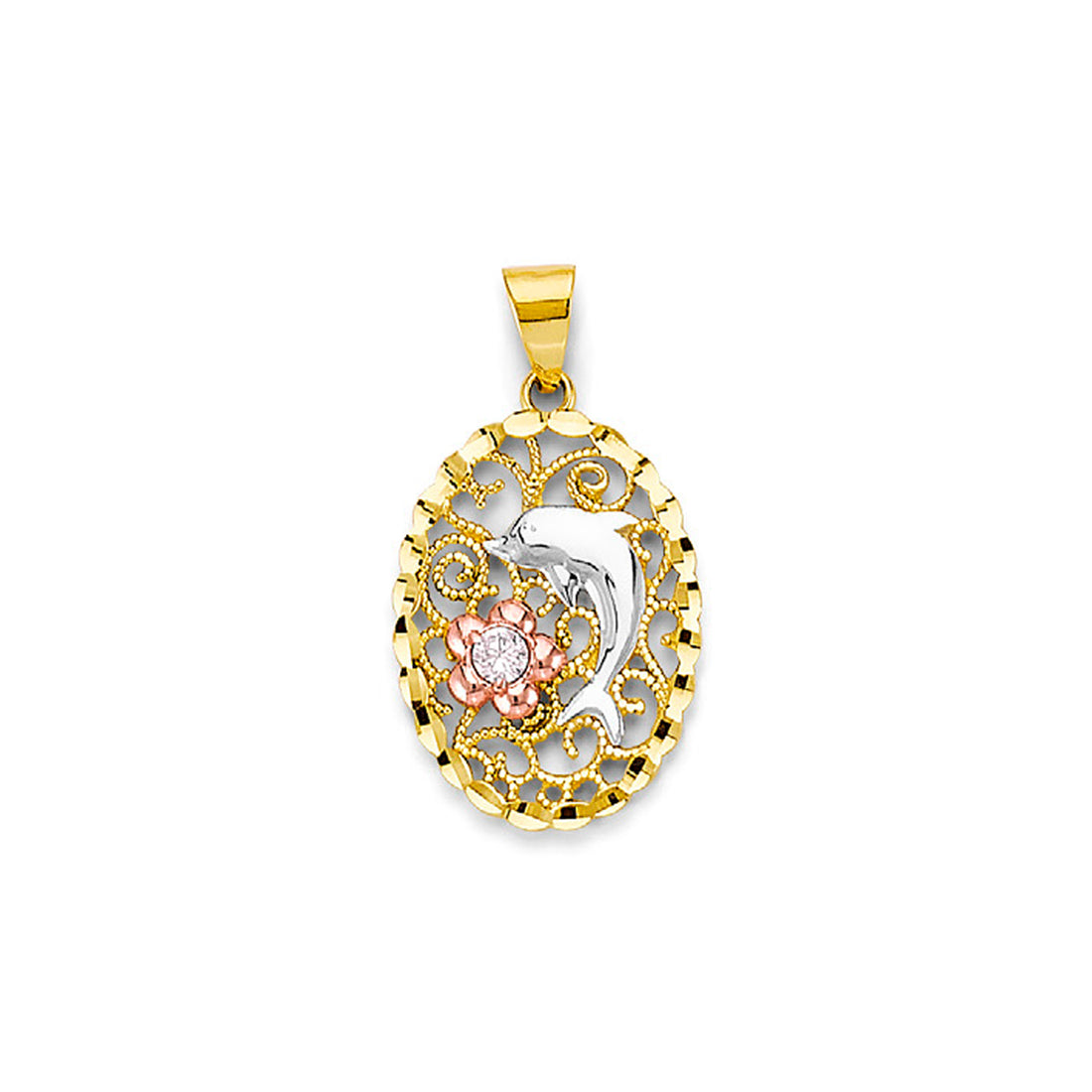 Tri Tone Gold Round CZ Dolphin Oval Filigree Pendant