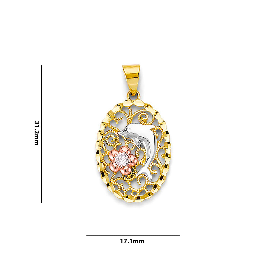 Tri Tone Gold Round CZ Dolphin Oval Filigree Pendant with Measurement