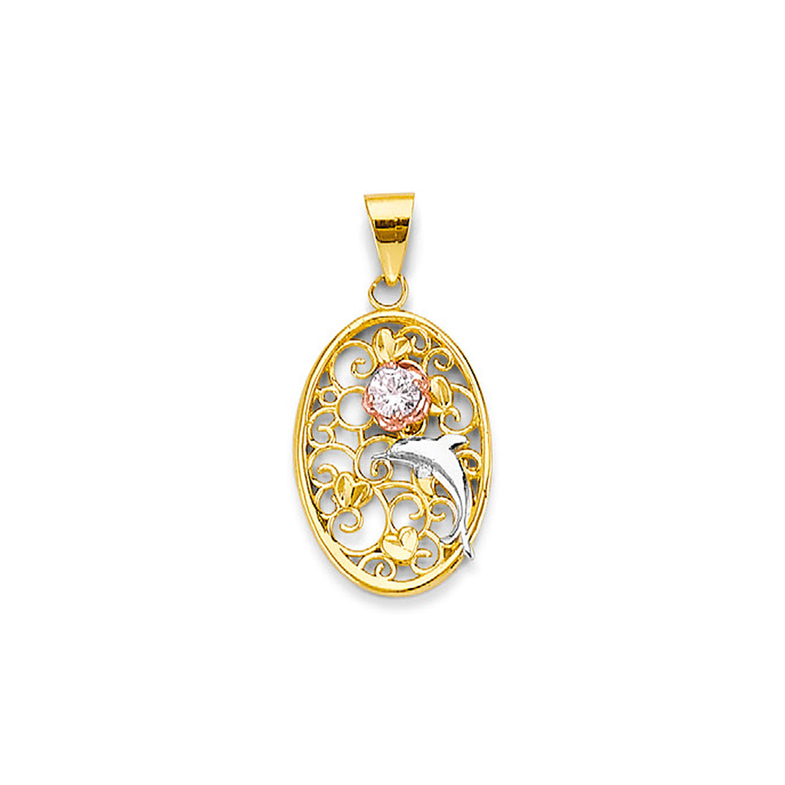 Tri Tone Gold Round CZ Dolphin Oval Filigree Pendant