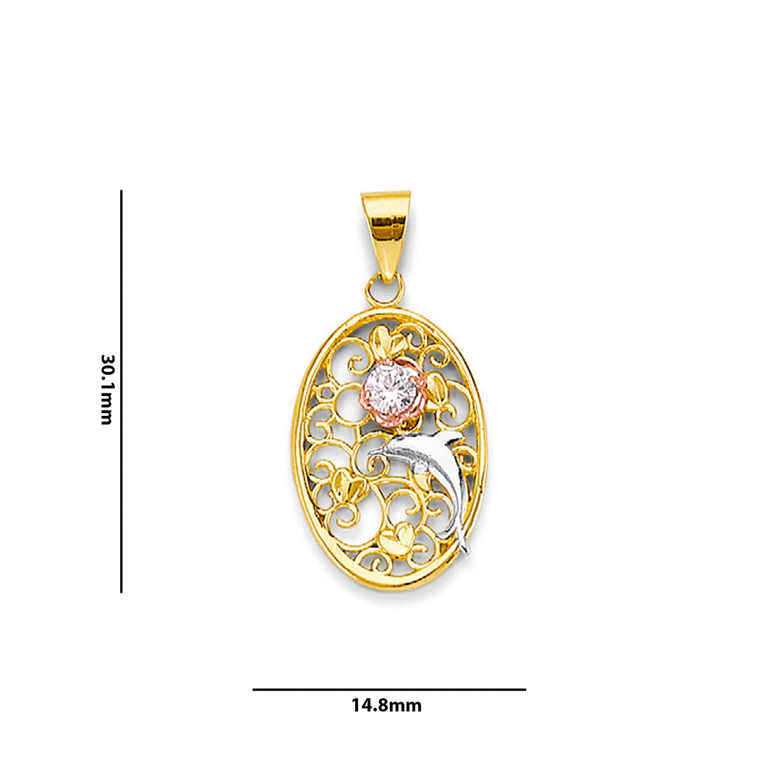 Tri Tone Gold Round CZ Dolphin Oval Filigree Pendant with Measurement