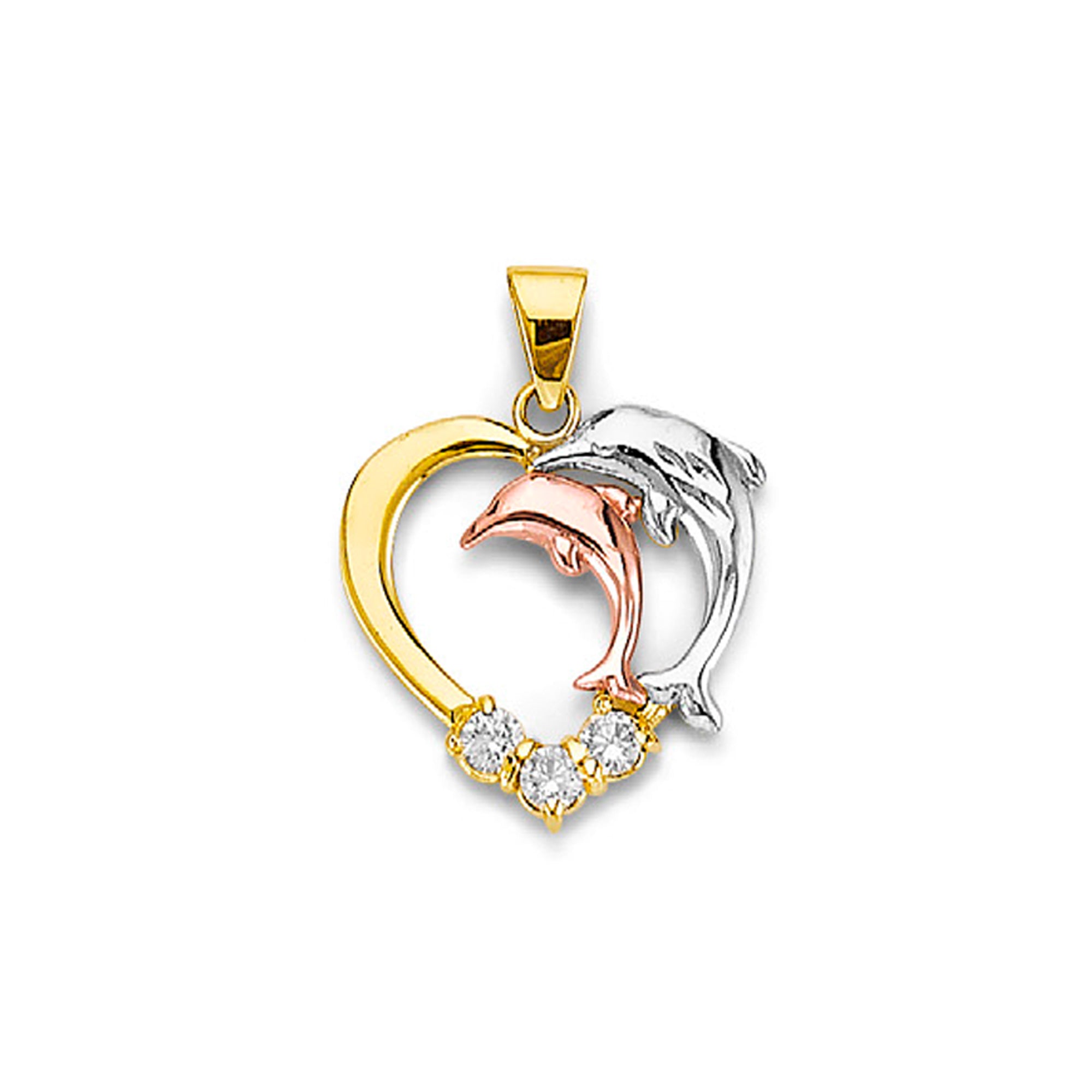 Tri Tone Gold Round CZ Open Heart Dolphin Pendant