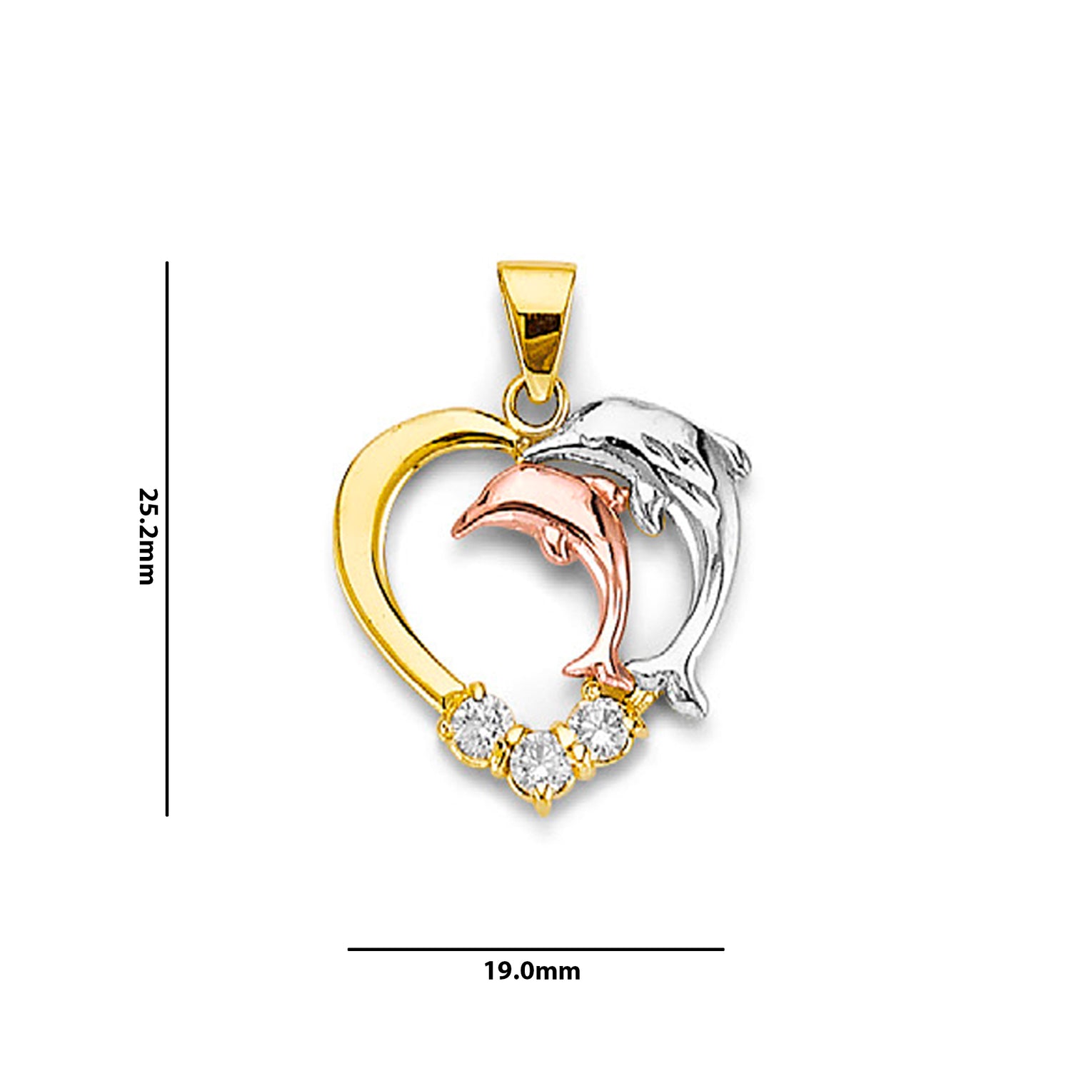 Tri Tone Gold Round CZ Open Heart Dolphin Pendant with Measurement