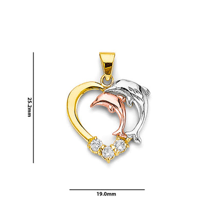 Tri Tone Gold Round CZ Open Heart Dolphin Pendant with Measurement