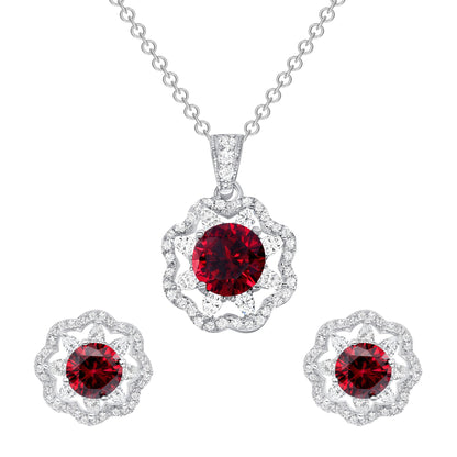 925 Sterling Silver Round Cut Red CZ &amp; White CZ Cutout Flower Pendant &amp; Stud Earrings Jewelry Set