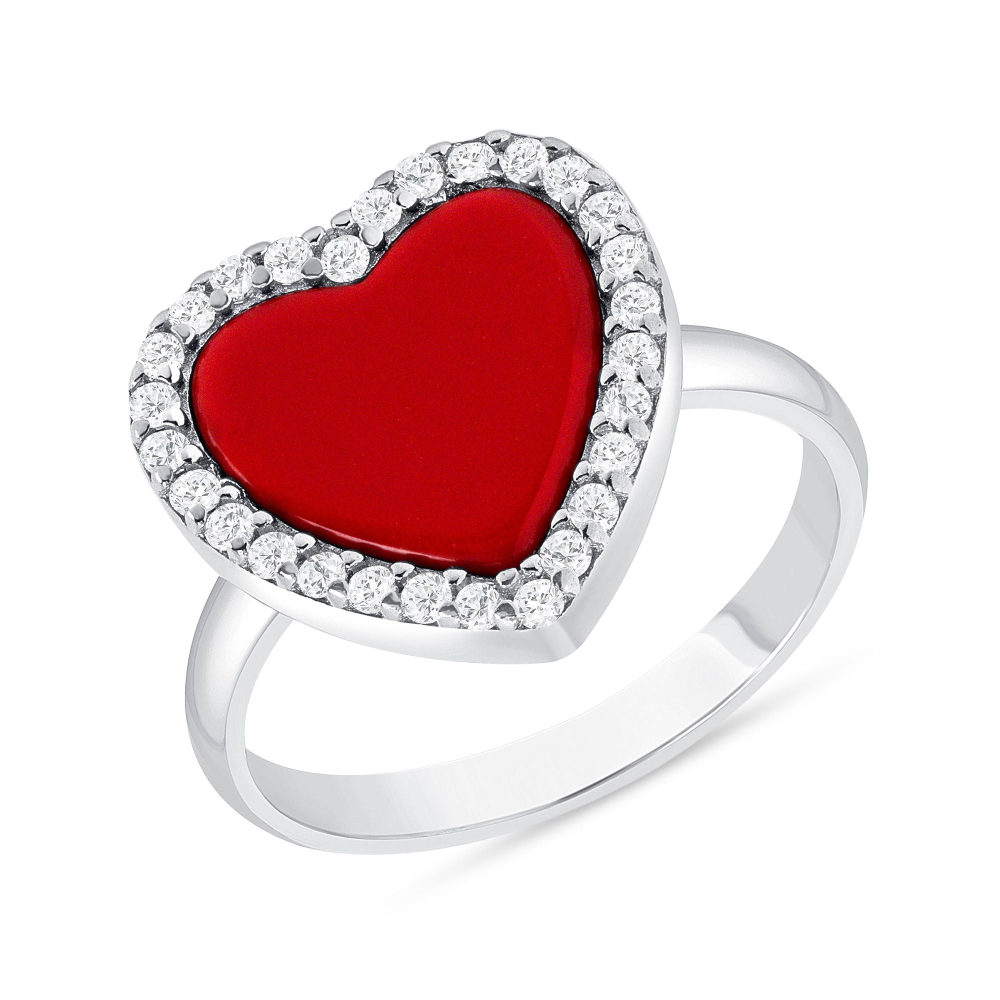 925 Sterling Silver Halo Heart Cut Red CZ Fashion Ring