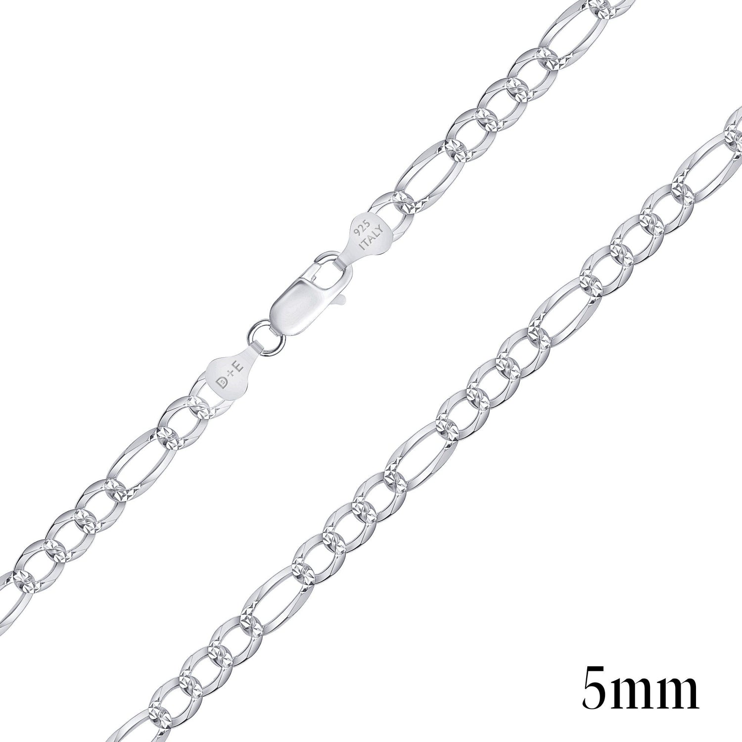 925 Sterling Silver Pavé 5mm Figaro Chain