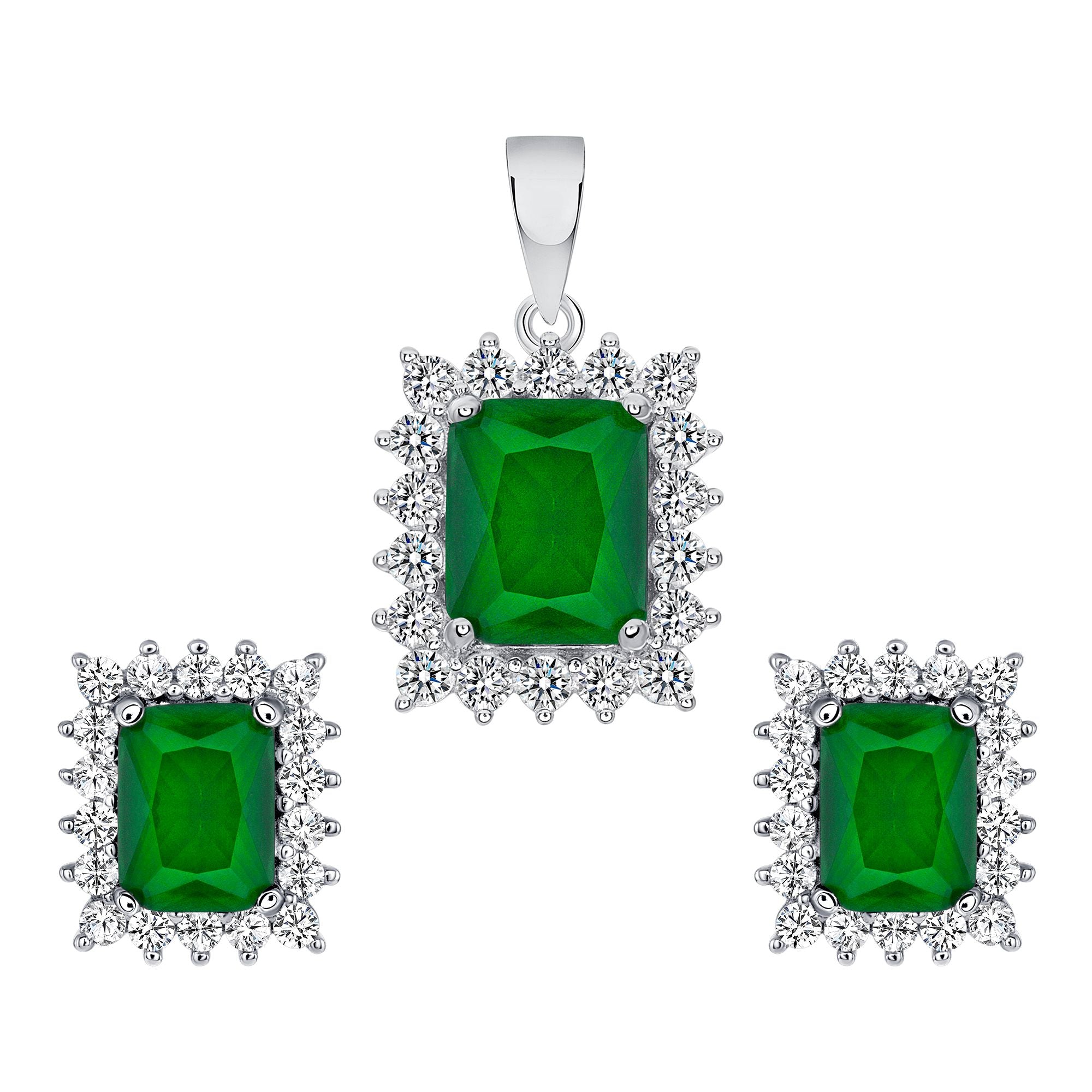 925 Sterling Silver Rectuangular Cut Green CZ with Round Cut CZ Pointed Halo Pendant &amp; Stud Earrings Jewelry Set