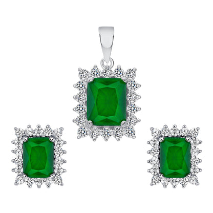 925 Sterling Silver Rectuangular Cut Green CZ with Round Cut CZ Pointed Halo Pendant &amp; Stud Earrings Jewelry Set