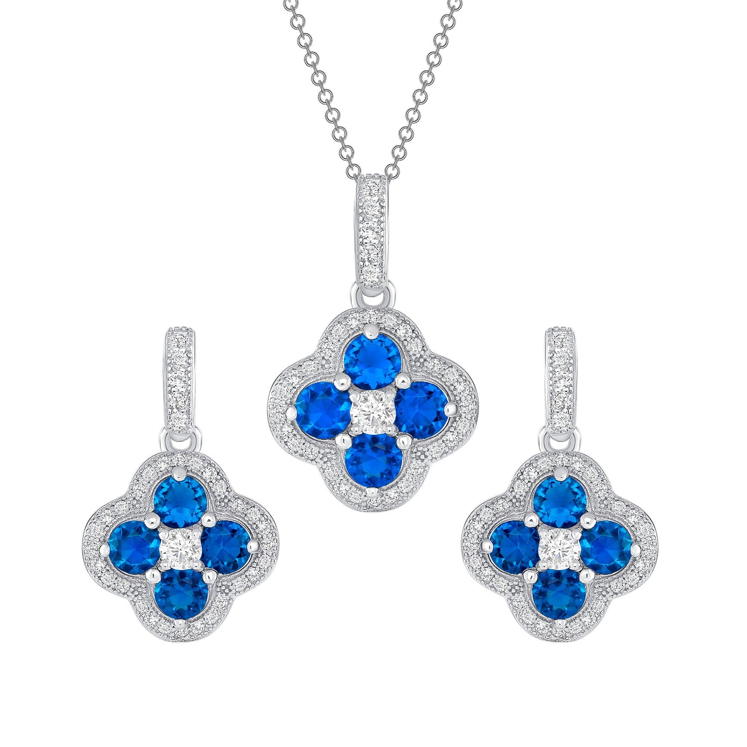 925 Sterling Silver Round Cut Blue CZ &amp; Round Cut White CZ with Pavé Halo Clover Pendant &amp; Dangle Earrings Jewelry Set