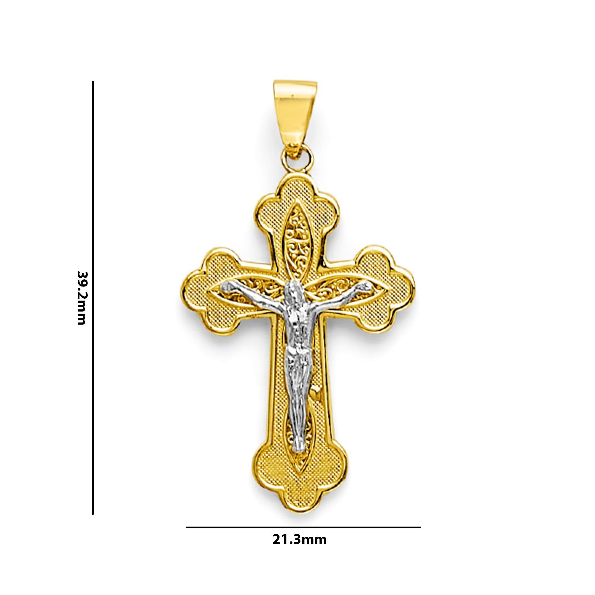 Two Tone Gold Filigree &amp; Trefoil Crucifix Double Cross Pendant with Measurement