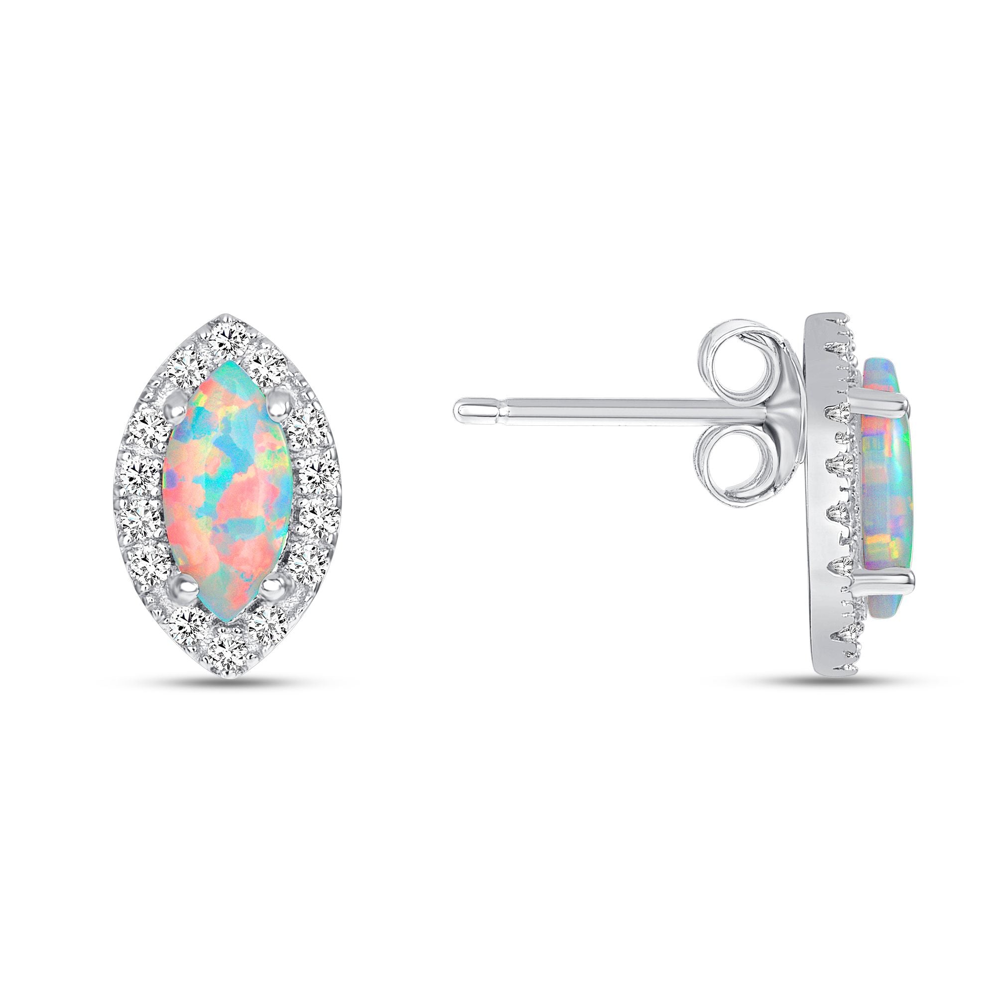 925 Sterling Silver Marquise Cut Opal with CZ Halo Pendant &amp; Stud Earrings Jewelry Set