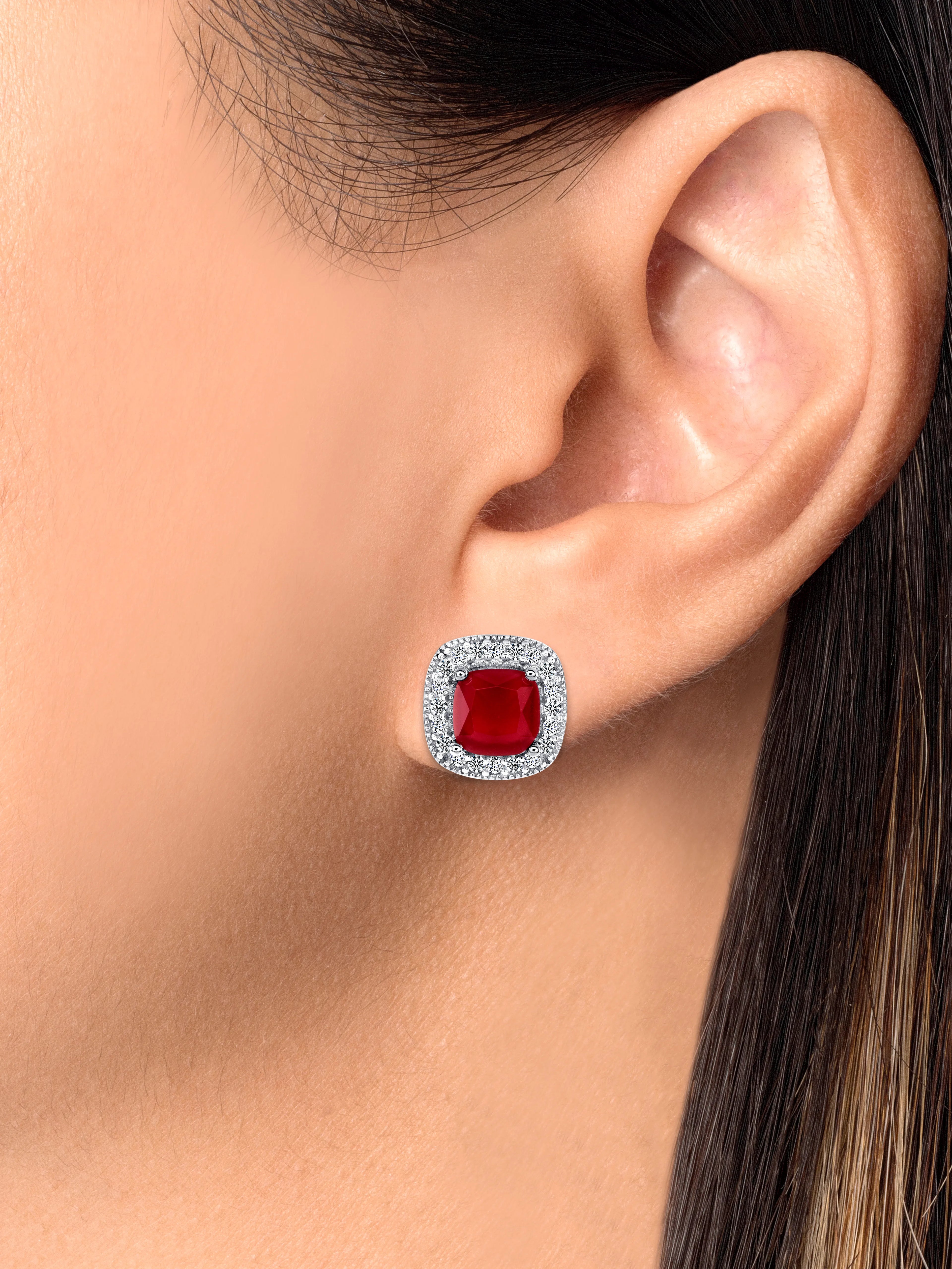 925 Sterling Silver Square Cut Red CZ with Round Cut CZ Pavé Halo Pendant &amp; Stud Earrings Jewelry Set