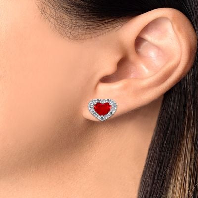 925 Sterling Silver Raised Heart Cut Red CZ with Round Cut White CZ Halo Pendant &amp; Stud Earrings Jewelry Set