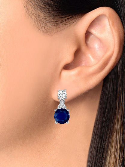 925 Sterling Silver Round Cut Blue &amp; White CZ Teardrop with Round Cut CZ Top Teardrop Pendant &amp; Earrings Jewelry Set