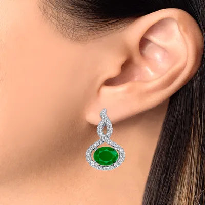 925 Sterling Silver Round Cut Green CZ with Twisted CZ Halo Teardrop Pendant &amp; Earrings Jewelry Set