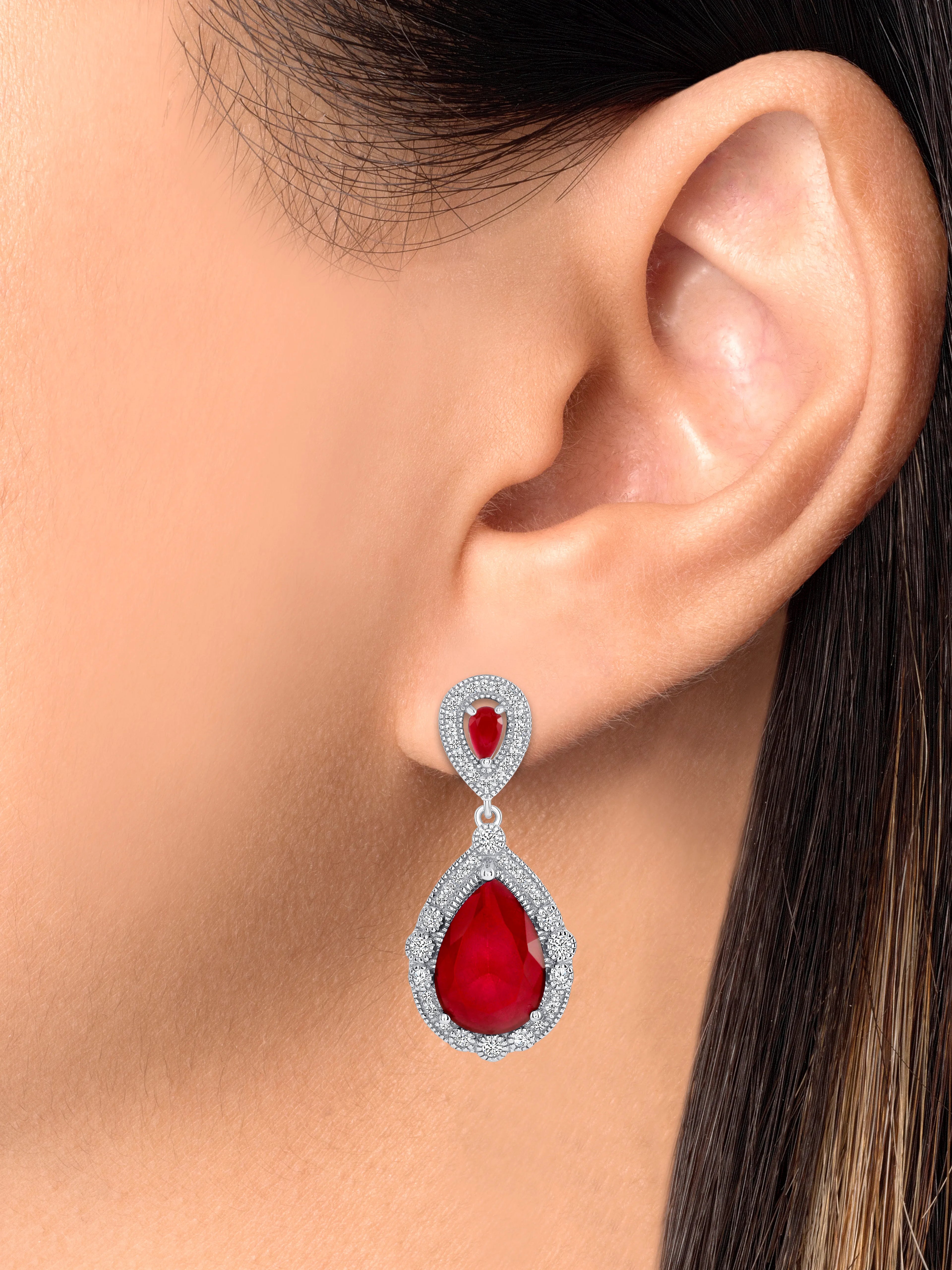 925 Sterling Silver Pear Cut Red CZ with Round Cut White CZ &amp; Milgrain Vintage Halo Teardrop Pendant &amp; Earrings Jewelry Set
