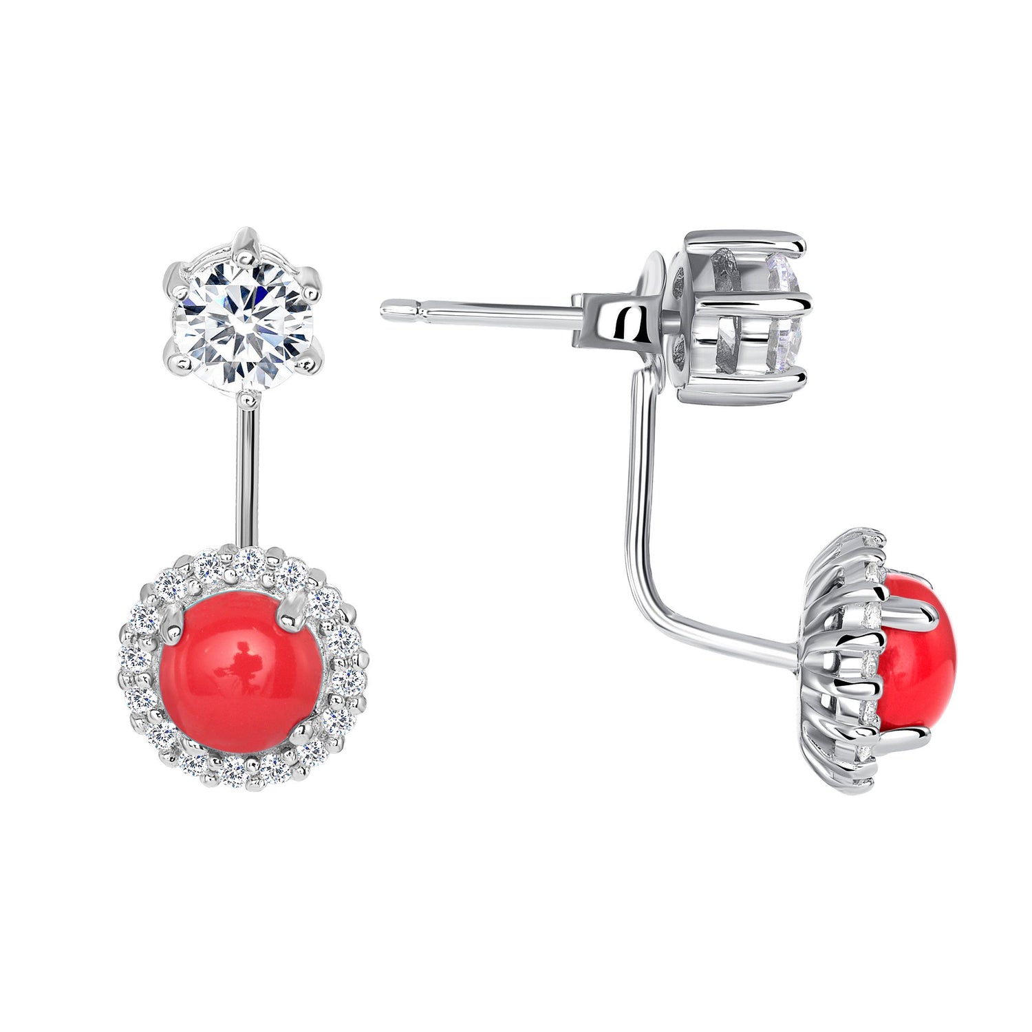 925 Sterling Silver Halo Round Gemstone and CZ Jacket Earrings
