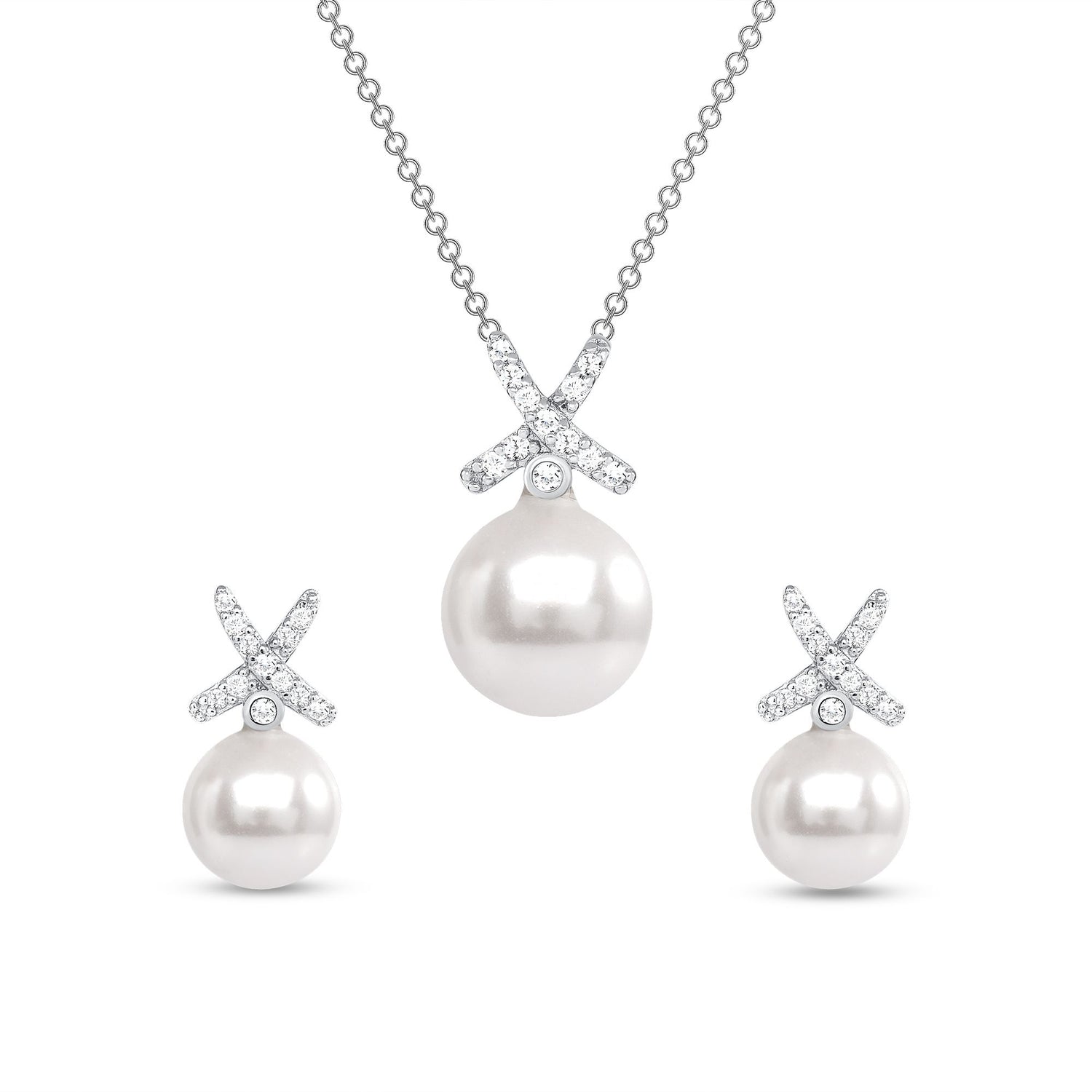 925 Sterling Silver Pearl with Round Cut CZ Accents XO Pendant &amp; Stud Earrings Jewelry Set