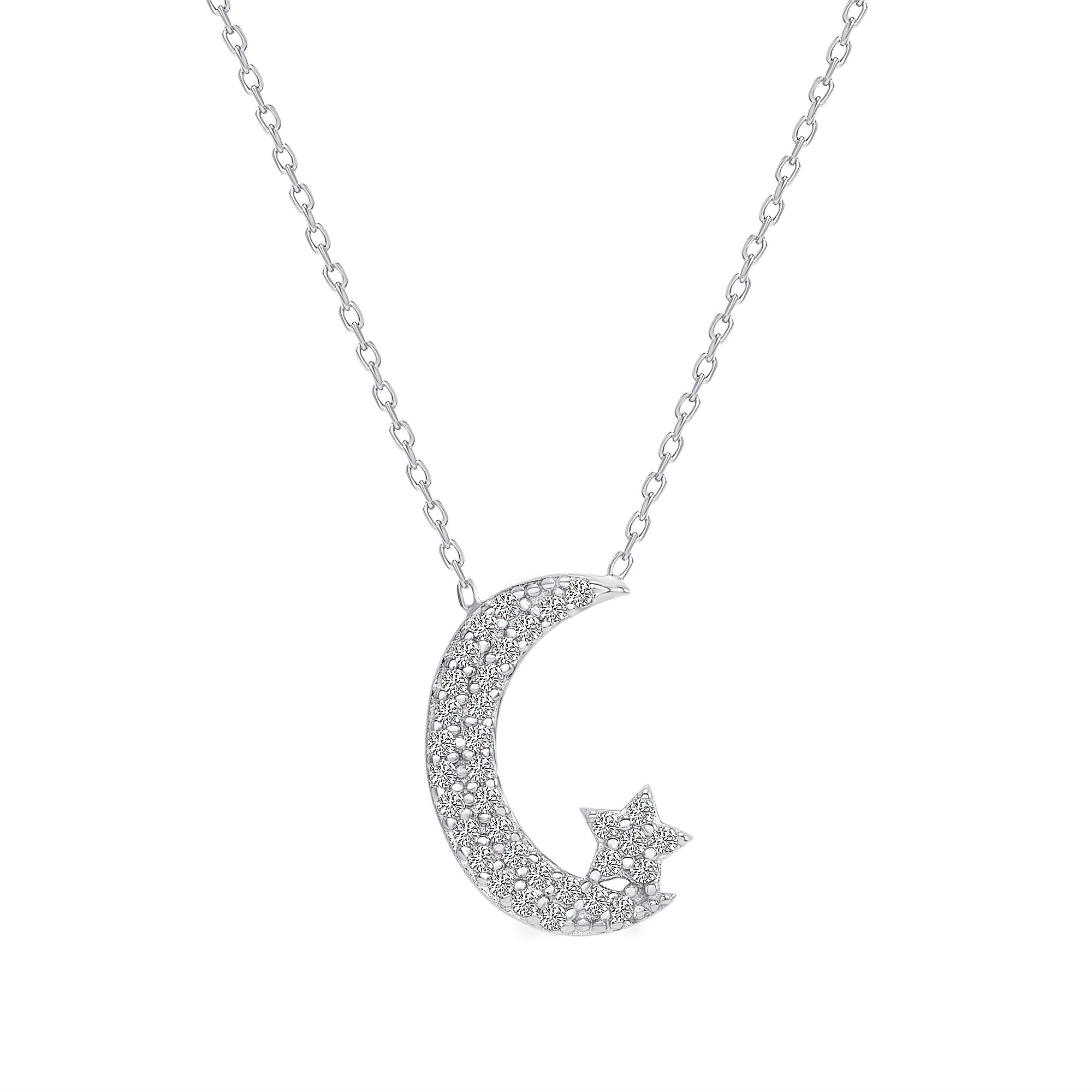 925 Sterling Silver Pavé CZ Cresent Moon &amp; Star Pendant Necklace