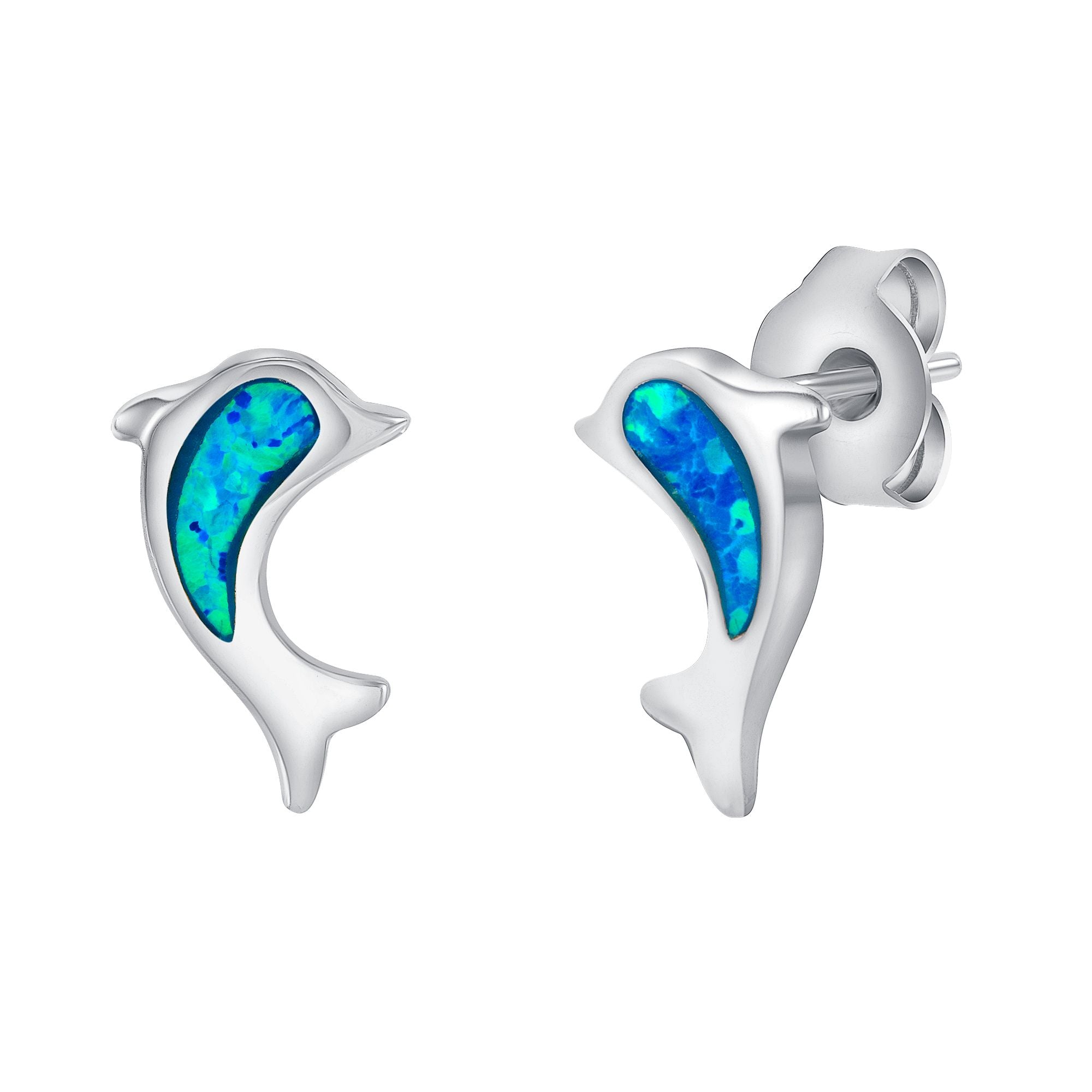 925 Sterling Silver Dolphin Blue Opal Stud Earrings