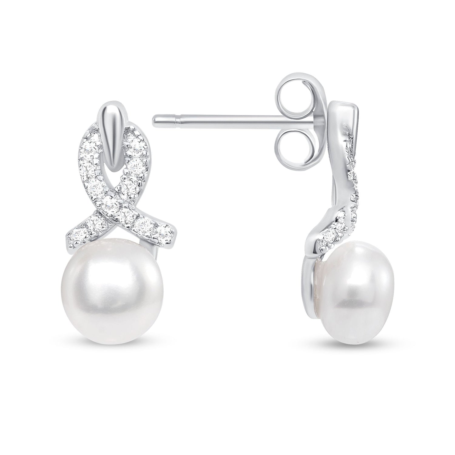 925 Sterling Silver Pearl with CZ Ribbon Teardrop Pendant &amp; Earrings Jewelry Set