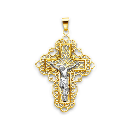 Two Tone Gold Bordered Filigree Cutout Crucifix Cross Pendant