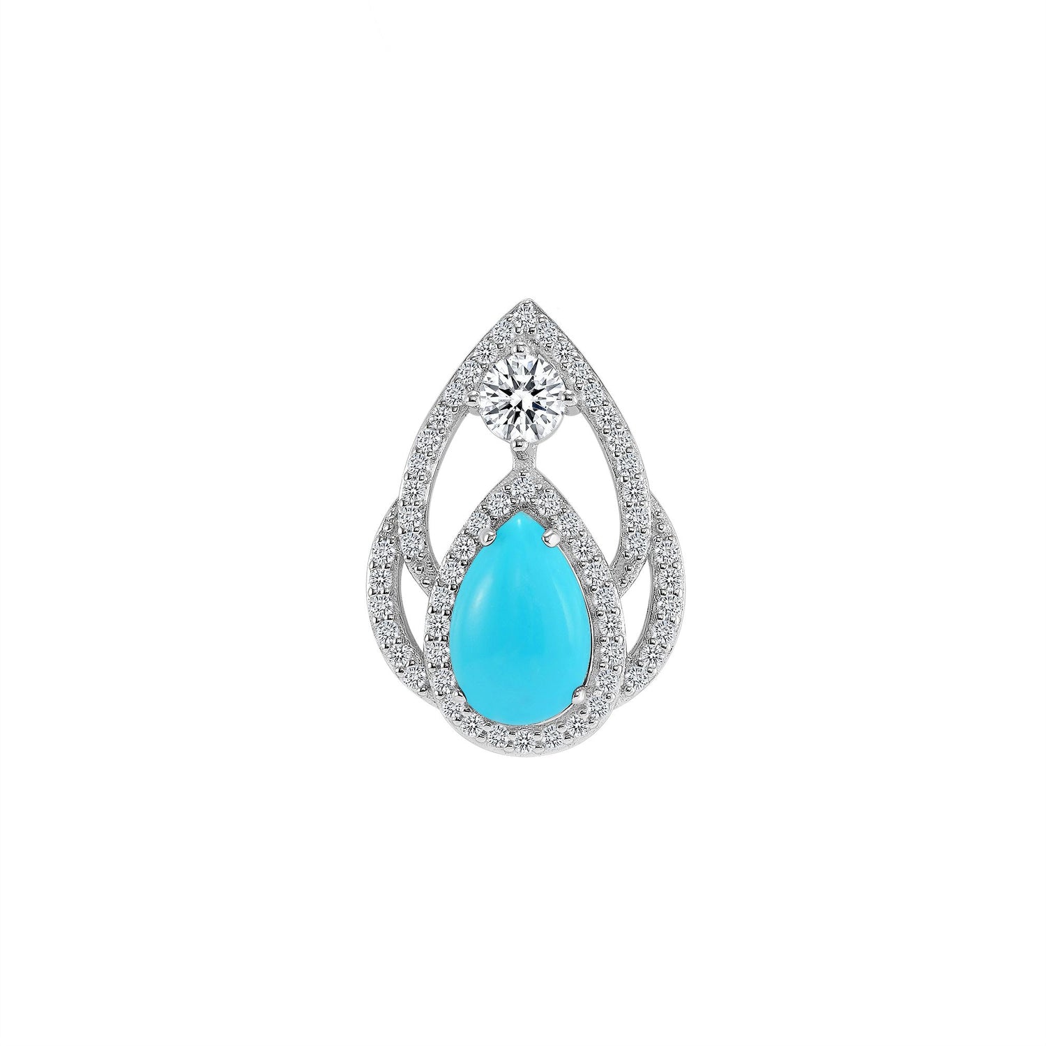 925 Sterling Silver Pear Cut Turquoise with Halo &amp; Round Cut CZ Layered Teardrop Pendant
