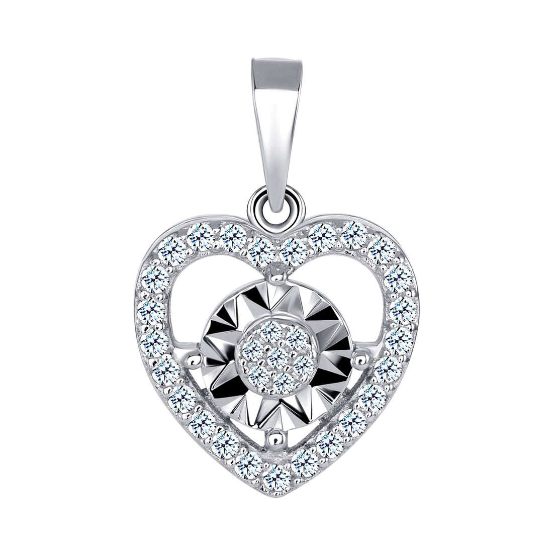 925 Sterling Silver Round Cut CZ Cluster with CZ Heart Outline &amp; Diamond Cut Accent Pendant &amp; Stud Earrings Jewelry Set