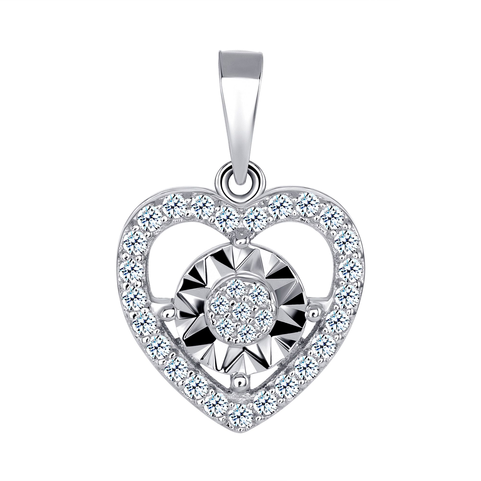 925 Sterling Silver Round Cut CZ Cluster with CZ Heart Outline &amp; Diamond Cut Accent Pendant &amp; Stud Earrings Jewelry Set