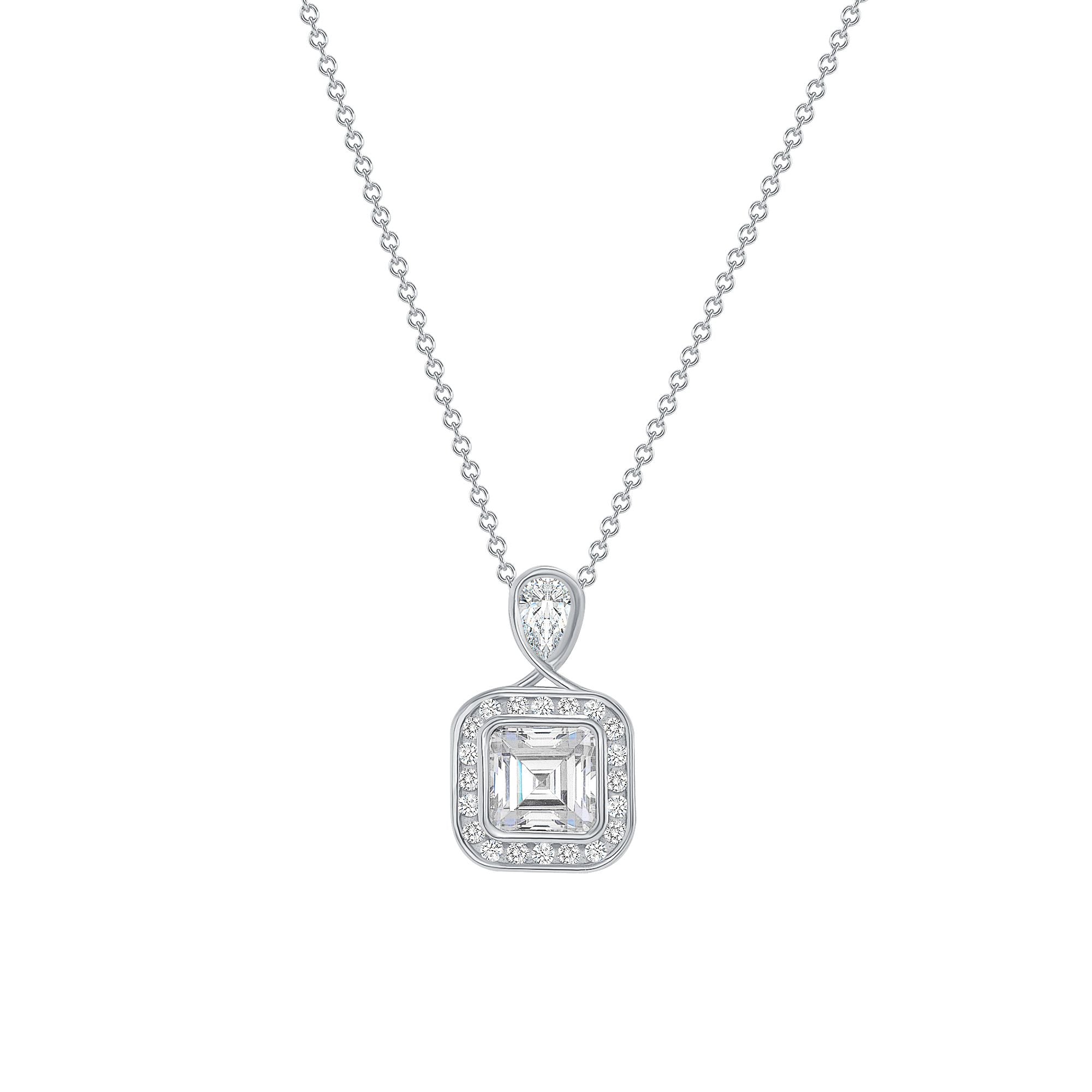 925 Sterling Silver Teardrop CZ &amp; Square CZ with Halo Pendant Necklace