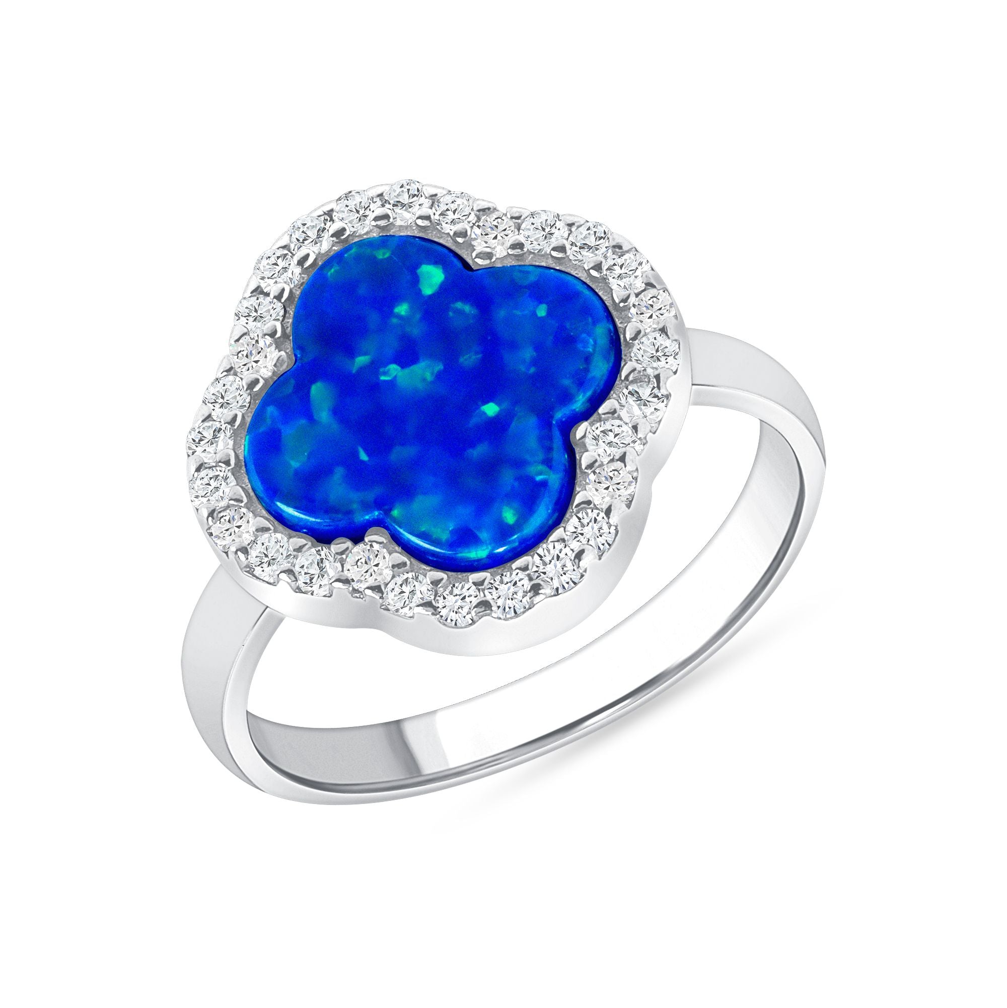 925 Sterling Silver Halo Treated Blue Opal and CZ Clover Fashion Ring