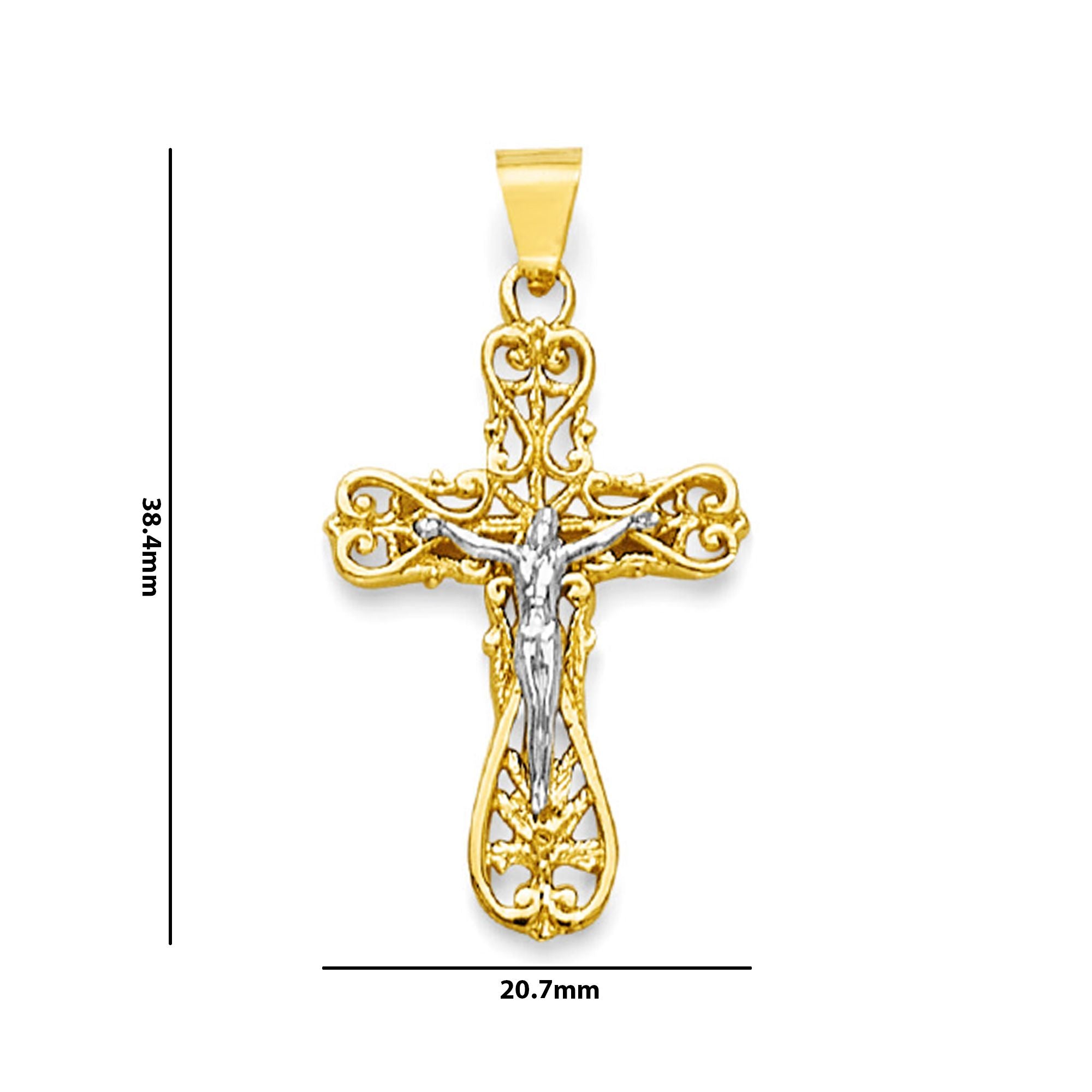 Two Tone Gold Filigree Cutout Patonce Crucifix Cross Pendant with Measurement