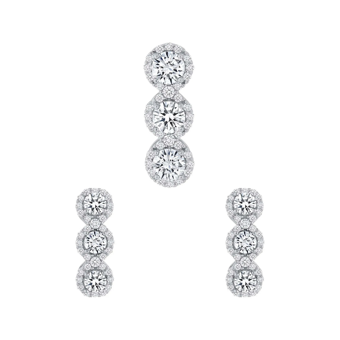 925 Sterling Silver Tri Round Cut White CZ with Halo Pendant &amp; Dangle Earrings Jewelry Set