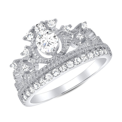 925 Sterling Silver Round CZ Plain Crown Ring