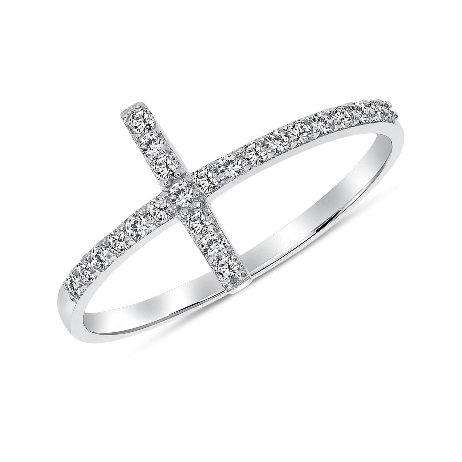 925 Sterling Silver Round CZ Side Cross Stack Ring