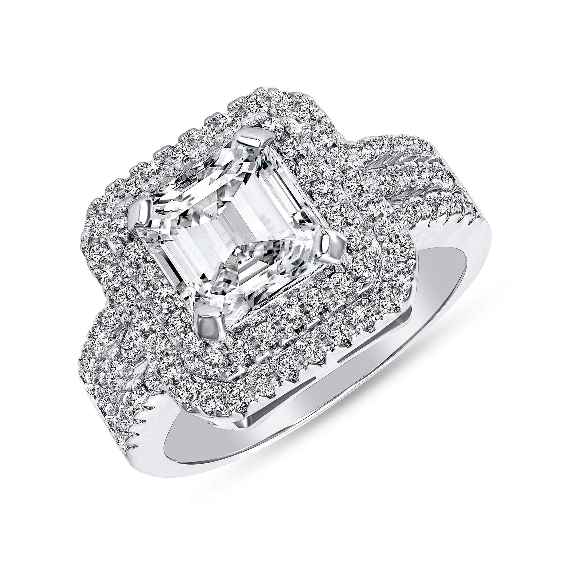925 Sterling Silver Asscher Cut CZ with Double Halo &amp; Pavé Multiband Engagement Ring