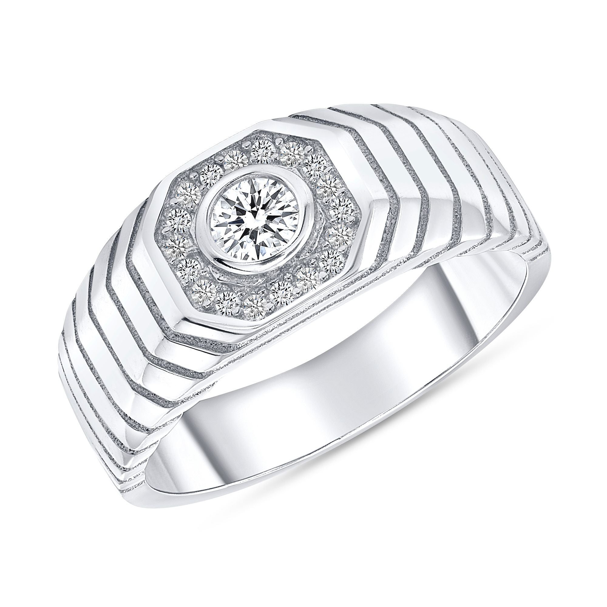 925 Sterling Silver Bezel Set Round Cut CZ with Octagon Halo &amp; Ribbed Band Men&
