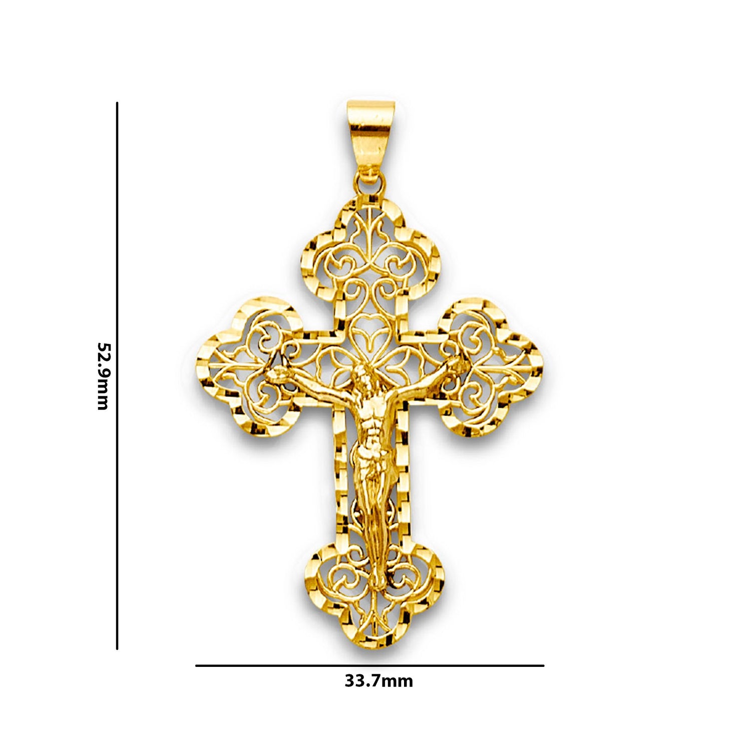 Yellow Gold Cutout Filigree Diamond Cut Bordered Trefoil Crucifix Cross Pendant with Measurement